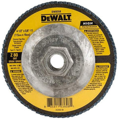 DeWALT - 80 Grit, 4-1/2" Disc Diam, 5/8-11 Center Hole, Type 27 Zirconia Alumina Flap Disc - 13,300 Max RPM, Fiberglass Backing, Arbor Attaching System, Coated - Apex Tool & Supply