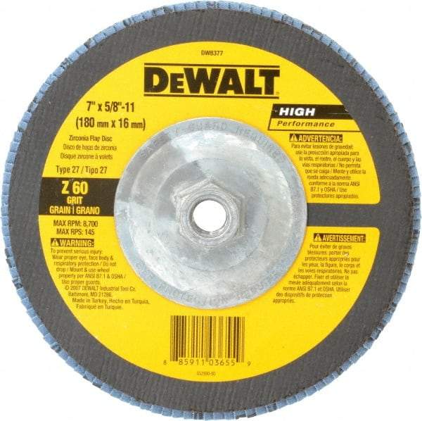 DeWALT - 60 Grit, 7" Disc Diam, 5/8-11 Center Hole, Type 27 Zirconia Alumina Flap Disc - 8,700 Max RPM, Fiberglass Backing, Arbor Attaching System, Coated - Apex Tool & Supply