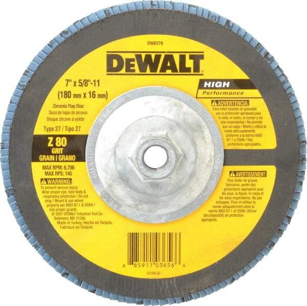 DeWALT - 80 Grit, 7" Disc Diam, 5/8-11 Center Hole, Type 27 Zirconia Alumina Flap Disc - 8,700 Max RPM, Fiberglass Backing, Arbor Attaching System, Coated - Apex Tool & Supply