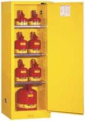 Justrite - 1 Door, 3 Shelf, Yellow Steel Space Saver Safety Cabinet for Flammable and Combustible Liquids - 65" High x 23-1/4" Wide x 18" Deep, Self Closing Door, 22 Gal Capacity - Apex Tool & Supply