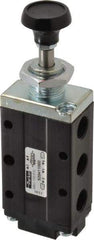 Parker - 0.83 CV Rate, 1/4" NPT Inlet Direct Air 4 Mechanical Spool Valve - 4 Way, 2 Position, 150 Max psi, Button Spring Return - Apex Tool & Supply
