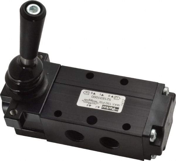 Parker - 0.83 CV Rate, 1/4" NPT Inlet Direct Air 4 Mechanical Spool Valve - 4 Way, 3 Position CC, 150 Max psi, Lever Manual Return - Apex Tool & Supply