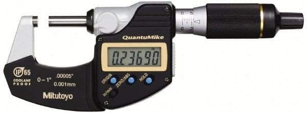 Mitutoyo - 0.001 mm Resolution, Standard Throat, Electronic Outside Micrometer - Includes Stand - Apex Tool & Supply