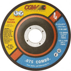 Camel Grinding Wheels - 46 Grit, 5" Wheel Diam, 5/64" Wheel Thickness, 7/8" Arbor Hole, Type 27 Depressed Center Wheel - Medium Grade, Aluminum Oxide, Resinoid Bond, U Hardness, 12,250 Max RPM - Apex Tool & Supply