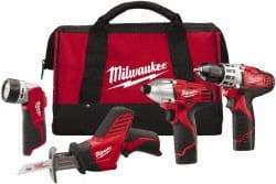 Milwaukee Tool - 12 Volt Cordless Tool Combination Kit - Includes 3/8" Drill/Driver, Reciprocating Saw, 1/4" Hex Impact Driver & Work Light, Lithium-Ion Battery Not Included - Apex Tool & Supply