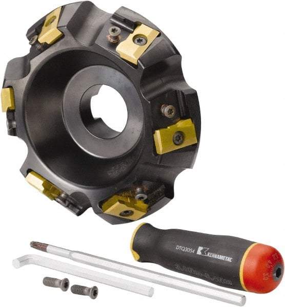 Kennametal - 5" Cut Diam, 1-1/2" Arbor Hole, 21.41mm Max Depth of Cut, 30° Indexable Chamfer & Angle Face Mill - 6 Inserts, LN.U 2210... Insert, Right Hand Cut, 6 Flutes, Series MEGA60 - Apex Tool & Supply