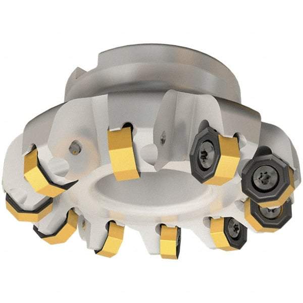 Iscar - 4.49" Cut Diam, 1-1/2" Arbor Hole, 0.138" Max Depth of Cut, 45° Indexable Chamfer & Angle Face Mill - 8 Inserts, ON.. 05..\xB6OXMT 0507\xB6RXMT 1607\xB6S845 SN.U 13 Insert, Right Hand Cut, 8 Flutes, Through Coolant, Series Helido - Apex Tool & Supply