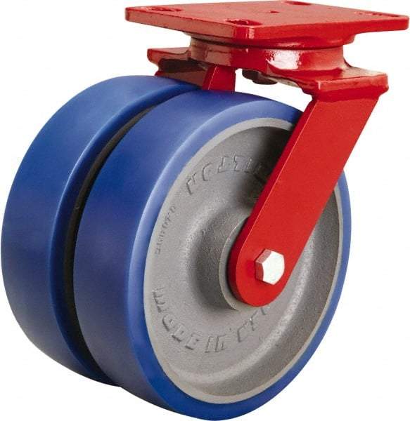 Hamilton - 8" Diam x 2" Wide x 9-3/4" OAH Top Plate Mount Swivel Caster - Polyurethane Mold onto Cast Iron Center, 2,400 Lb Capacity, Sealed Precision Ball Bearing, 4-1/2 x 6-1/2" Plate - Apex Tool & Supply