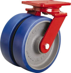 Hamilton - 8" Diam x 2" Wide x 9-3/4" OAH Top Plate Mount Swivel Caster - Polyurethane Mold onto Cast Iron Center, 2,400 Lb Capacity, Tapered Roller Bearing, 4-1/2 x 6-1/2" Plate - Apex Tool & Supply