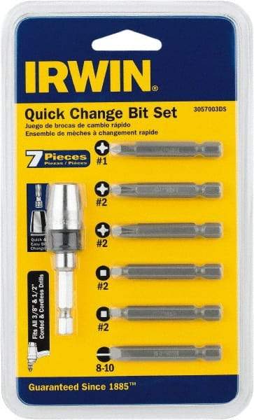 Irwin - 7 Piece, 1/4" Drive Screwdriver Drive Guide Set - #1 to #2 Phillips, 0.05 to 1/4" Hex, 1.27 to 10mm Hex, #1 & #2 Square Recess - Apex Tool & Supply