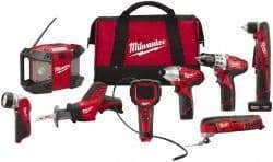 Milwaukee Tool - 12 Volt Cordless Tool Combination Kit - Includes 3/8" Drill/Driver, 3/8" Right Angle Drill Driver, Reciprocating Saw, Multi-Tool, 1/4" Hex Impact Driver & Radio, Lithium-Ion Battery Not Included - Apex Tool & Supply