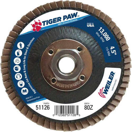 ‎4-1/2″ Tiger Paw Abrasive Flap Disc, Angled, Phenolic Backing, 80Z, 5/8″-11 A.H - Apex Tool & Supply