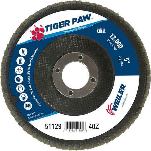 5″ Tiger Paw Abrasive Flap Disc, Flat, Phenolic Backing, 40Z, 7/8″ Arbor Hole - Apex Tool & Supply