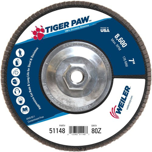 7″ Tiger Paw Abrasive Flap Disc, Angled, Phenolic Backing, 80Z, 5/8″-11 Arbor Hole - Apex Tool & Supply