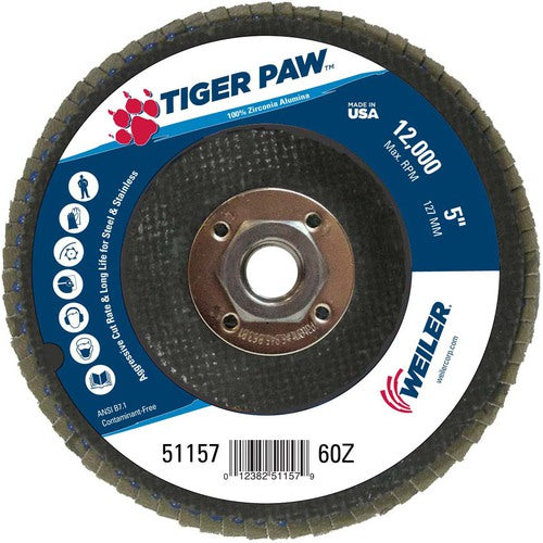 5″ Tiger Paw Abrasive Flap Disc, Angled, Phenolic Backing, 60Z, 5/8″-11 Arbor Hole - Apex Tool & Supply