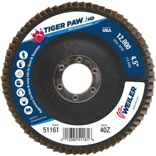 4 1/2″ × 7/8″-40 Grit - T27 Tiger Paw High Density Zirc Flap Disc Phenolic Back - Apex Tool & Supply