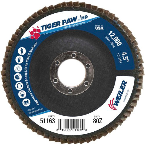 4 1/2″ × 7/8″-80 Grit - T27 Tiger Paw High Density Zirc Flap Disc Phenolic Back - Apex Tool & Supply