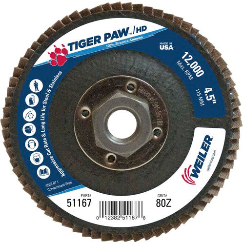 4 1/2″ × 5/8″-11-80 Grit - T27 Tiger Paw High Density Zirc Flap Disc Phenolic Back - Apex Tool & Supply