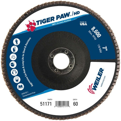 7″ Tiger Paw Super High Density Flap Disc, Flat, Phenolic Backing, 60Z, 7/8″ Arbor Hole - Apex Tool & Supply