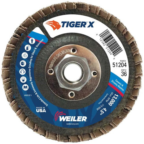 4 1/2″ Diameter - Tiger X Flap Disc, Angled, Phenolic Backing, 36Z, 5/8″ Diameter - 11 UNC Nut - Apex Tool & Supply
