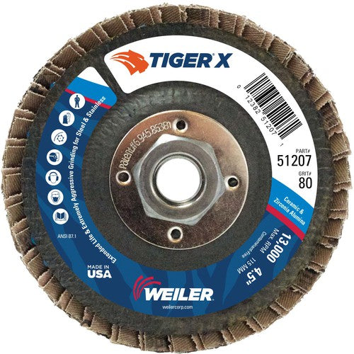 4 1/2″ Diameter - Tiger X Flap Disc, Angled, Phenolic Backing, 80Z, 5/8″ Diameter - 11 UNC Nut - Apex Tool & Supply
