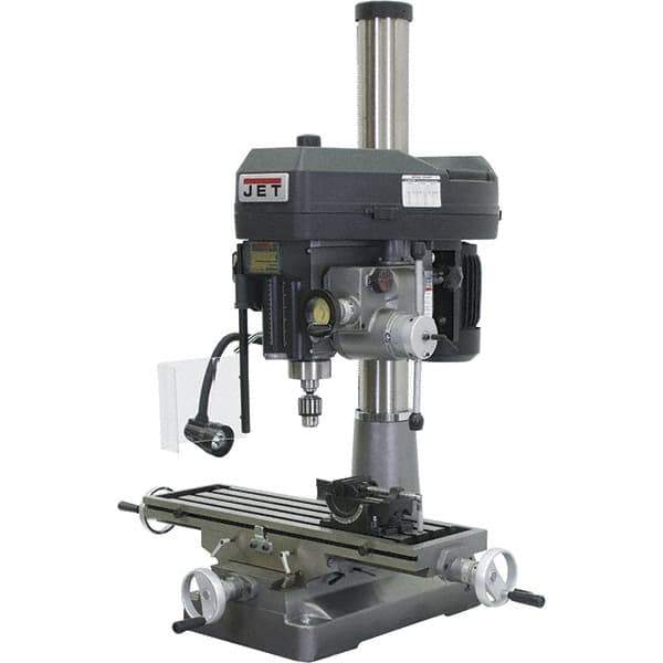 Jet - 1 Phase, 15-7/8" Swing, Variable Speed Pulley Mill Drill Combination - 9-1/2" Table Length x 32-1/4" Table Width, 20-1/2" Longitudinal Travel, 7" Cross Travel, 12 Spindle Speeds, 2 hp, 230 Volts - Apex Tool & Supply