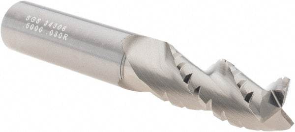 SGS - 1/2" Diam, 1-1/4" LOC, 3 Flute Solid Carbide 0.03" Corner Radius Roughing End Mill - TiB2 Finish, 3-1/4" OAL, 1/2" Shank Diam, Single End, Centercutting, 38° Helix - Apex Tool & Supply