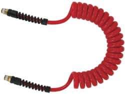 PRO-SOURCE - 5/16" ID, 1/4 Thread, 10' Long, Red Polyurethane Coiled & Self Storing Hose - 185 Max psi, Male Swivel x Male Swivel - Apex Tool & Supply