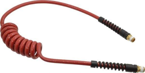 PRO-SOURCE - 1/4" ID, 1/4 Thread, 5' Long, Red Polyurethane Coiled & Self Storing Hose - 220 Max psi, Male Swivel x Male Swivel - Apex Tool & Supply