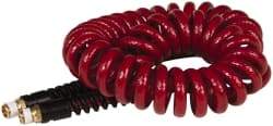 PRO-SOURCE - 1/4" ID, 1/4 Thread, 15' Long, Red Polyurethane Coiled & Self Storing Hose - 220 Max psi, Male Swivel x Male Swivel - Apex Tool & Supply