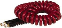 PRO-SOURCE - 1/4" ID, 1/4 Thread, 15' Long, Red Polyurethane Coiled & Self Storing Hose - 220 Max psi, Male Swivel x Male Swivel - Apex Tool & Supply