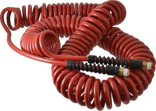 PRO-SOURCE - 1/4" ID, 1/4 Thread, 50' Long, Red Polyurethane Coiled & Self Storing Hose - 220 Max psi, Male Swivel x Male Swivel - Apex Tool & Supply