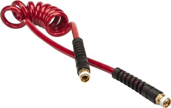 PRO-SOURCE - 5/16" ID, 3/8 Thread, 5' Long, Red Polyurethane Coiled & Self Storing Hose - 185 Max psi, Male Swivel x Male Swivel - Apex Tool & Supply