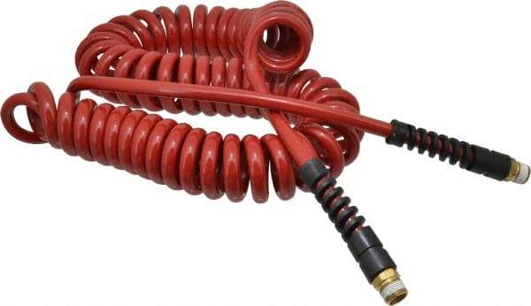 PRO-SOURCE - 5/16" ID, 3/8 Thread, 25' Long, Red Polyurethane Coiled & Self Storing Hose - 185 Max psi, Male Swivel x Male Swivel - Apex Tool & Supply