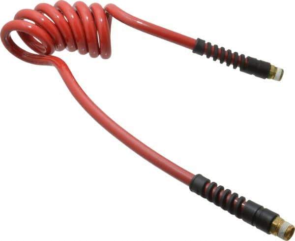 PRO-SOURCE - 3/8" ID, 3/8 Thread, 5' Long, Red Polyurethane Coiled & Self Storing Hose - 200 Max psi, Male Swivel x Male Swivel - Apex Tool & Supply