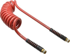 PRO-SOURCE - 3/8" ID, 3/8 Thread, 10' Long, Red Polyurethane Coiled & Self Storing Hose - 200 Max psi, Male Swivel x Male Swivel - Apex Tool & Supply