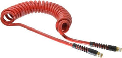 PRO-SOURCE - 3/8" ID, 3/8 Thread, 15' Long, Red Polyurethane Coiled & Self Storing Hose - 200 Max psi, Male Swivel x Male Swivel - Apex Tool & Supply