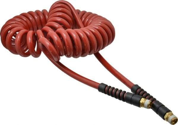 PRO-SOURCE - 3/8" ID, 3/8 Thread, 25' Long, Red Polyurethane Coiled & Self Storing Hose - 200 Max psi, Male Swivel x Male Swivel - Apex Tool & Supply