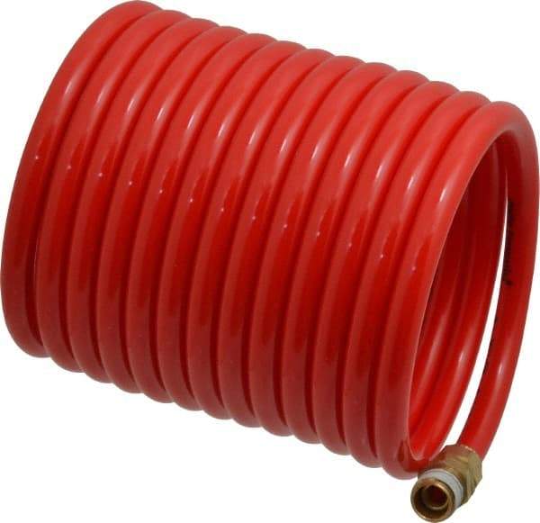 PRO-SOURCE - 1/4" ID, 1/4 Thread, 12' Long, Red Nylon Coiled & Self Storing Hose - 350 Max psi, Male Swivel x Male Swivel - Apex Tool & Supply