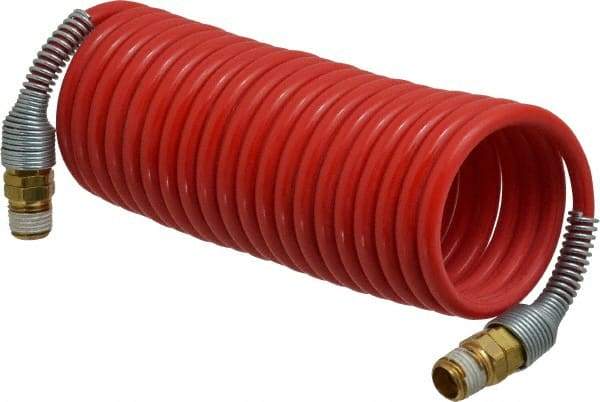 PRO-SOURCE - 3/16" ID, 1/4 Thread, 12' Long, Red Nylon Coiled & Self Storing Hose - 287 Max psi, Male Swivel x Male Swivel - Apex Tool & Supply