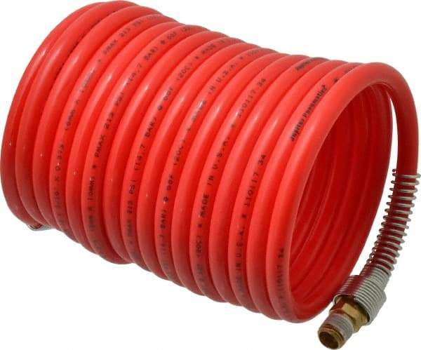 PRO-SOURCE - 5/16" ID, 1/4 Thread, 17' Long, Red Nylon Coiled & Self Storing Hose - 213 Max psi, Male Swivel x Male Swivel - Apex Tool & Supply