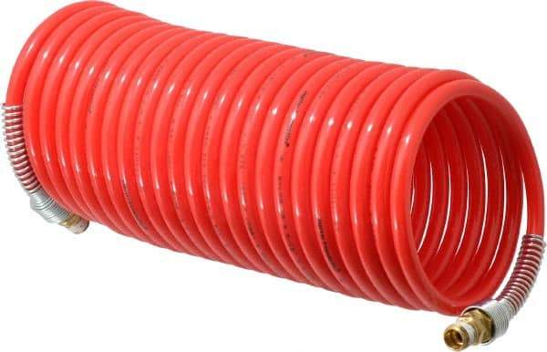PRO-SOURCE - 5/16" ID, 1/4 Thread, 25' Long, Red Nylon Coiled & Self Storing Hose - 213 Max psi, Male Swivel x Male Swivel - Apex Tool & Supply