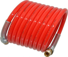 PRO-SOURCE - 3/8" ID, 3/8 Thread, 12' Long, Red Nylon Coiled & Self Storing Hose - 225 Max psi, Male Swivel x Male Swivel - Apex Tool & Supply