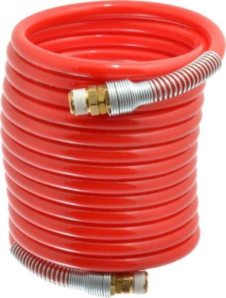 PRO-SOURCE - 3/8" ID, 3/8 Thread, 17' Long, Red Nylon Coiled & Self Storing Hose - 225 Max psi, Male Swivel x Male Swivel - Apex Tool & Supply
