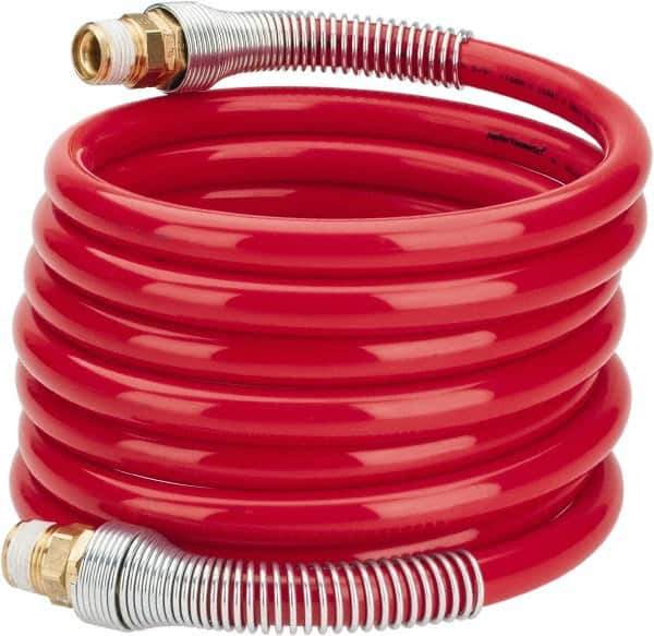 PRO-SOURCE - 1/2" ID, 1/2 Thread, 12' Long, Red Nylon Coiled & Self Storing Hose - 220 Max psi, Male Swivel x Male Swivel - Apex Tool & Supply