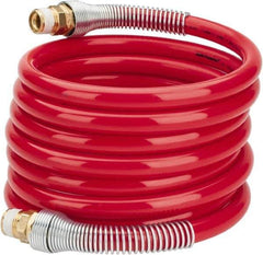 PRO-SOURCE - 1/2" ID, 1/2 Thread, 12' Long, Red Nylon Coiled & Self Storing Hose - 220 Max psi, Male Swivel x Male Swivel - Apex Tool & Supply