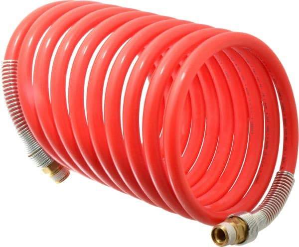 PRO-SOURCE - 1/2" ID, 1/2 Thread, 17' Long, Red Nylon Coiled & Self Storing Hose - 220 Max psi, Male Swivel x Male Swivel - Apex Tool & Supply
