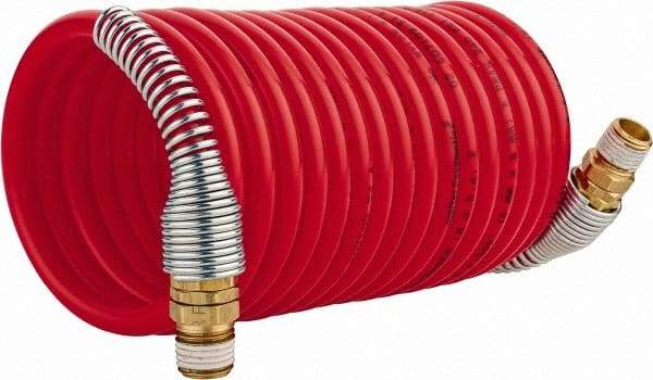 PRO-SOURCE - 1/4" ID, 1/4 Thread, 12' Long, Red Nylon Coiled & Self Storing Hose - 240 Max psi, Male Swivel x Male Swivel - Apex Tool & Supply