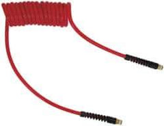 PRO-SOURCE - 3/8" ID, 3/8 Thread, 20' Long, Red Polyurethane Coiled & Self Storing Hose - 133 Max psi, Male Swivel x Male Swivel - Apex Tool & Supply
