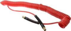 PRO-SOURCE - 3/16" ID, 1/4 Thread, 25' Long, Red Polyurethane Coiled & Self Storing Hose - 147 Max psi, Male Swivel x Male Swivel - Apex Tool & Supply